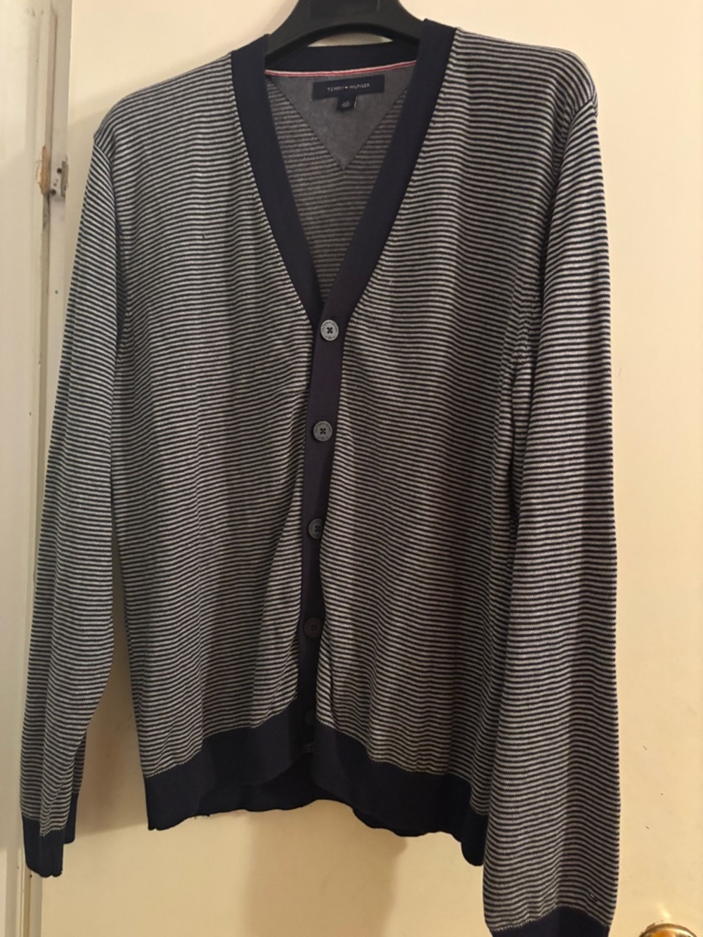 Tommy Hilfiger Navy and White Striped V-Neck Cardigan